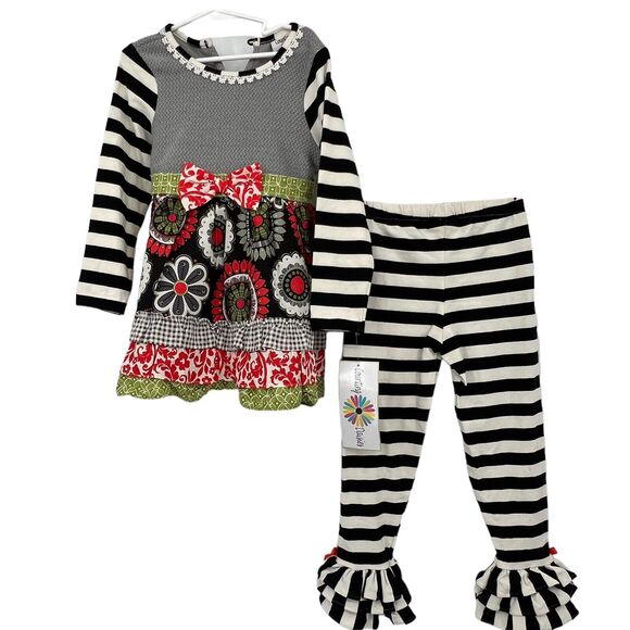 New Counting Daisies Girl Long Sleeve Floral Dress & Striped Legging Set Sz 6